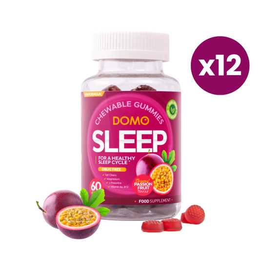 A bottle of Domo Sleep Gummies with a "x12" infographic